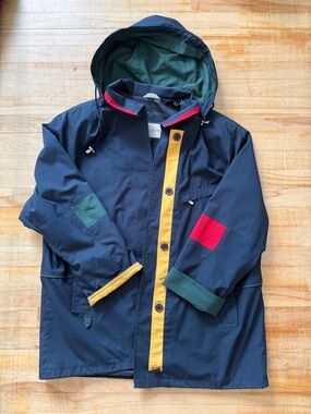 Vintage Sequence Navy Hooded Jacket with Red, Green & Yellow Accents